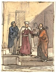 Composition study with three standing men on a two-step staircase