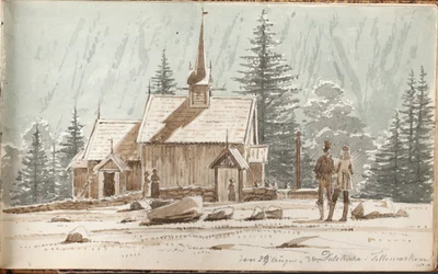 People by a Stave Church. A Mountain Slope in the Background