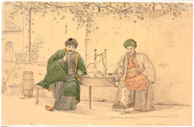 Two Turks Smoking Water Pipe Outside Café Nicolao in Athens