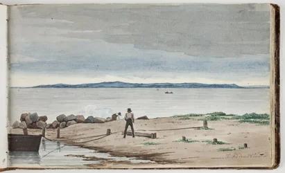 View Towards a Coastal Landscape with Storm Clouds in the Sky. Two Men Working by a Boat and a Fire in the Foreground