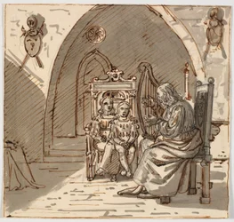 "Gothic" Scene. A Bard Playing Harp for Two Children in a Throne Chair