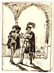 Medieval Scene with Two Cloaked Men and Feathered Berets