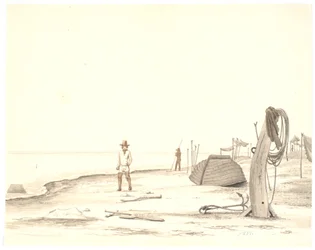 Beach Scene with Inverted Boat and Two Fishermen