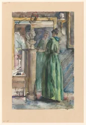Lady in Green Gown Standing Before a Mirror