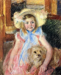 Sara in a Large Flowered Hat, Looking Right, Holding Her Dog, c.1901