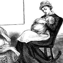 A mother cuddling her child while sitting on a rocking chair