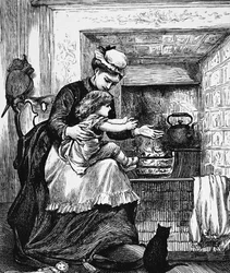 A nursemaid with a child in front of a fire