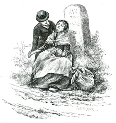 A Destitute, Unmarried Mother Found Exhausted on Her Way to the Workhouse with Her Baby. Illustration by Mary Ellen Edwards