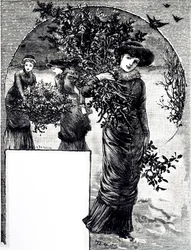 An engraving depicting the collection of holly and evergreen for Christmas decoration