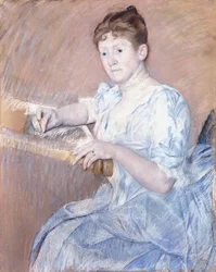 Mrs. Alexander J. Cassat in a Blue Evening Gown Seated at a Tapestry Frame