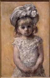 Portrait of girl in lace dress. Portrait of a little girl in a white dress looks sad. Painting by the American Mary Cassatt