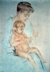 Woman holding small nude child on lap while manicuring her fingernails, c1904