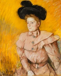 Woman in a black hat and a raspberry pink costume, c. 1899