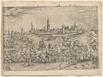 View across a River to a Walled City at Sunset