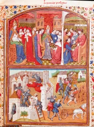 Prologue: The Author Presents His Book to the Duke of Berry and Scene of Massacre of Plowers (from 