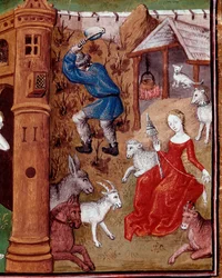 Representation of Adam picking the earth and Eve spinning the wool after being expelled from the earthly Paradise. Miniature taken from Des cas des nobles hommes et femmes infortunes (De casibus) by Giovanni Boccaccio (Jean Boccace)