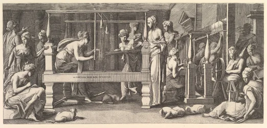 Women spinning, weaving and sewing, 1540-50
