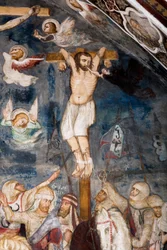 The unrepented thief, crucified with Jesus, his soul is torn from his mouth by a demon