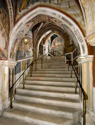 View of the Holy Staircase built on the order of Abbe John V and decorated with frescoes by the master of the Sacro Speco and his entourage. Monastery of Saint Benedetto, Subiaco, Italy