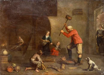 A Kitchen with an Old Man Cutting Wood