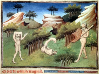 Monsters from the Land of Merkites described by Marco Polo. Miniature from "The Book of Wonders" ("Description of the World", "Il Milione") by Marco Polo (1254-1324), illustrated by the Master of Egerton