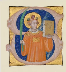 Manuscript Illumination with Saint Stephen in an Initial S (from an Antiphonary)