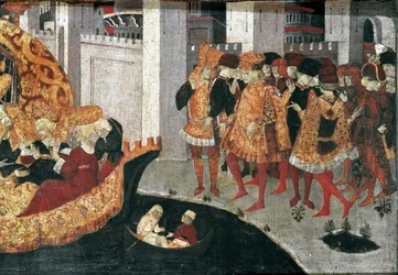 Decameron by Boccaccio: the Chatelain Pericone welcomes Alatiel, daughter of the sultan of Babylon Beminedab and her suite on the island of Mallorca