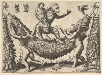 A Monkey Holding a Bound Putto Standing on a Garland