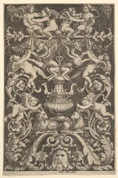 A panel of ornament with putti, goat and other figures