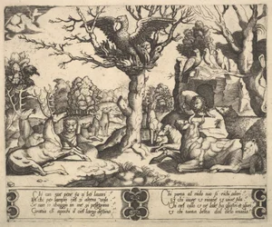 A Phoenix Sat Atop a Tree, Wings Open, an Assortment of Animals Below