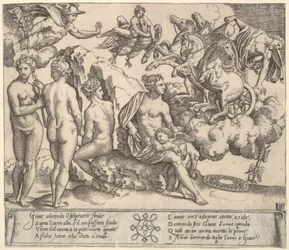 Jupiter tumbling from a horse-drawn carriage at right, Ganymede in the form of an eagle