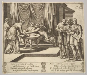 Psyche seated at a table and attended by invisible servants, Eros beside her