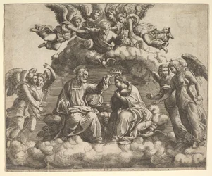 The coronation of the Virgin, Christ holding the crown over her head, God the Father bless..., 1532.