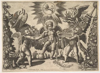 Two Putti Presenting Cups Full of Gold to a Putto in the Guise of the God of Riches