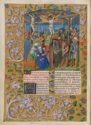 Temporale (1st portion: from First Sunday of Advent to Holy Saturday). The Crucifixion (Good Friday). Border with floral decoration. Two columns of text with two initials.