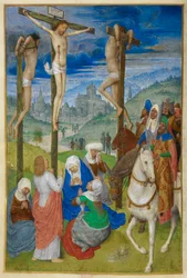 The Crucifixion. Hours of the Cross. Christ on the cross between the two thieves, with several figures; three on horseback. St John stands, and the Virgin and Three Maries sit, at the foot of the cross. A view of Jerusalem in the background