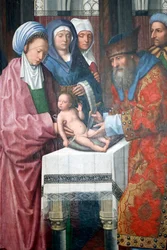 Evora Museum. Master of the Evora altarpiece. The circumcision of Christ. Flemish school 1500. Portugal.
