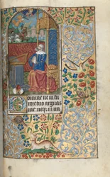 Book of Hours (Use of Rouen): fol. 80r, Opening Penitential Psalms, David Penitent, in the Distance David Slaying Goliath