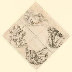 Design for a Quatrefoil with a Castle, Two Lovers, a Maiden Tempted by a Fool, a Couple Seated by a Trough, and a Knight and His Lover Mounted on a Horse