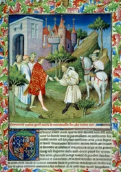 John of Mandeville took away from King Edward II and left England. Miniature in The Book of Wonders of the World. Manuscript enluminated by the Master of Mazarine, written by John of Mandeville