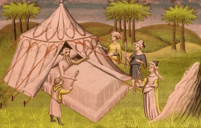 The mongolian leader Gengis Khan on his death bed giving his last recommendations to his sons, c.1410