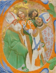 Manuscript Illumination with Four Saints in an Initial O, from a Choir Book