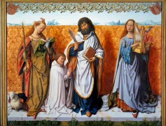 Central Panel of the Altar of Saint Bartholome: Saint Agnes, Bartholome and Saint Cecile with a Donor