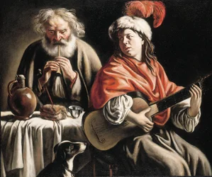 A Young Man Playing a Guitar and an Old Man Playing a Pipe in an Interior