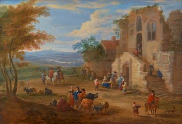 A Landscape with Alms being distributed before a Ruined Abbey