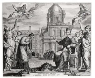 Robert de Sorbon and Cardinal Richelieu in Front of the Sorbonne, Engraved by Gregoire Huret