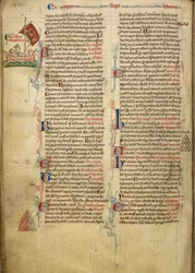 Marginal drawing of King Henry III sailing across the English Channel to Brittany, with part of the accompanying text in the author