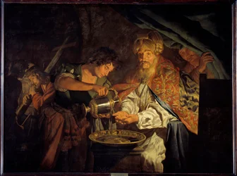 Pontius Pilate (Pontius Pilatius) washing his hands. Pontius Pilate (10 BC-39 AD), prefect of Judea, deeming it unnecessary to condemn Jesus Christ, washes his hands to signify his disagreement - Painting by Mathias Stomer (Matthias Stom) (1600-1650)