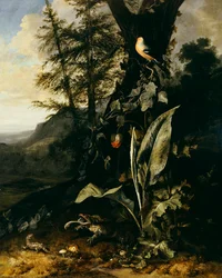 A Forest Floor with a Toad and a Lizard, a Bullfinch on a Branch of Ivy above, and a Mountain beyond