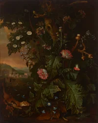 A Forest Floor with a Weasel, Mouse, Opium Poppy and Thistle, with Classical Buildings Beyond